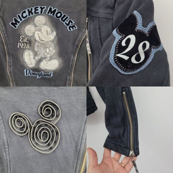 Disney Parks Disneyland Moto Jacket Sweatshirt M Black Sequined Mickey 3D Zip - Picture 5 of 17